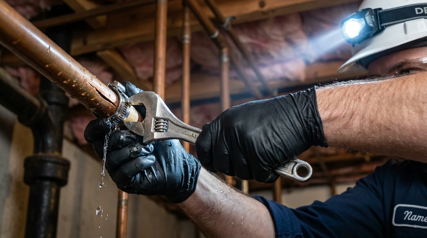 Emergency pipe clamp repair being performed by a Johns Plumbing LLC plumber in Pinellas Park