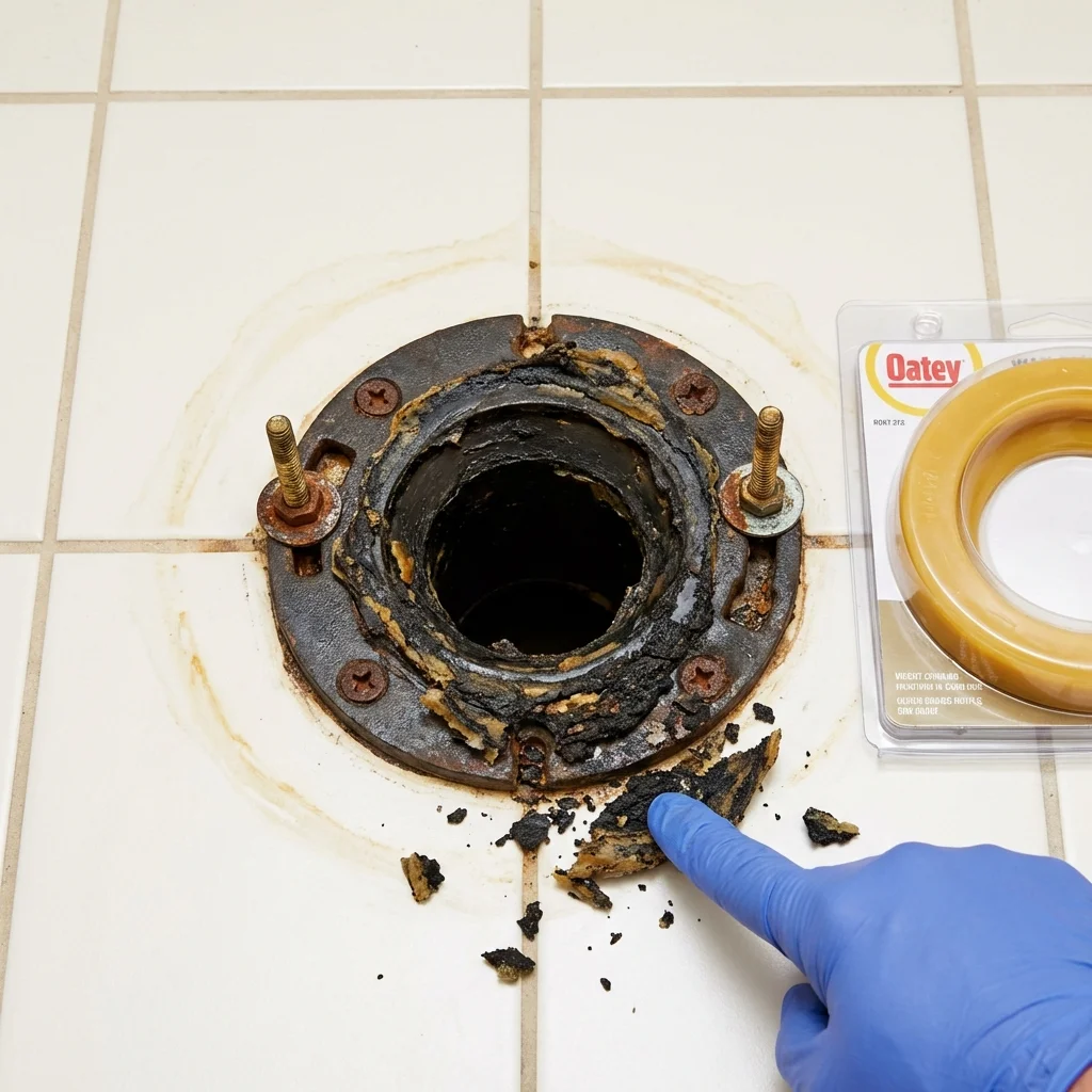 Failed wax ring showing water seepage at the base of a toilet in a Pinellas Park, FL home