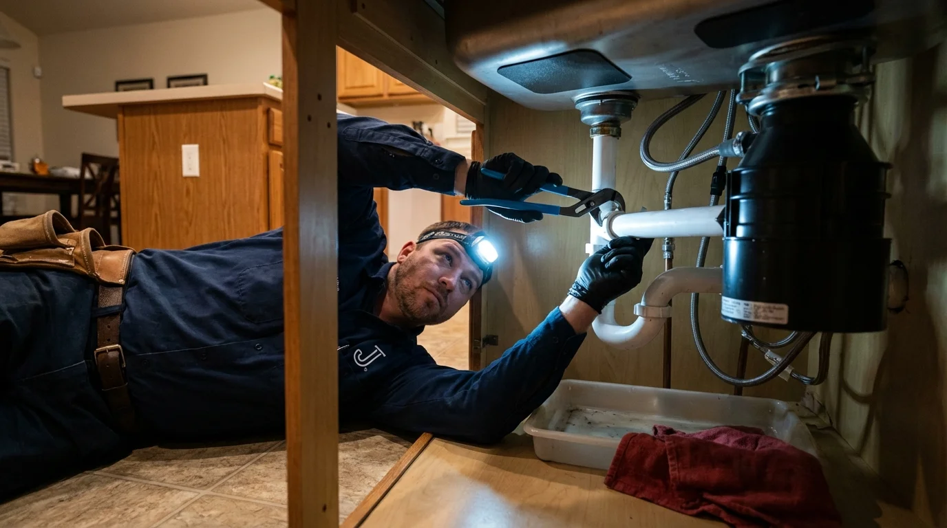 P-trap and supply line connections under a kitchen sink showing a common leak point in Pinellas Park, FL